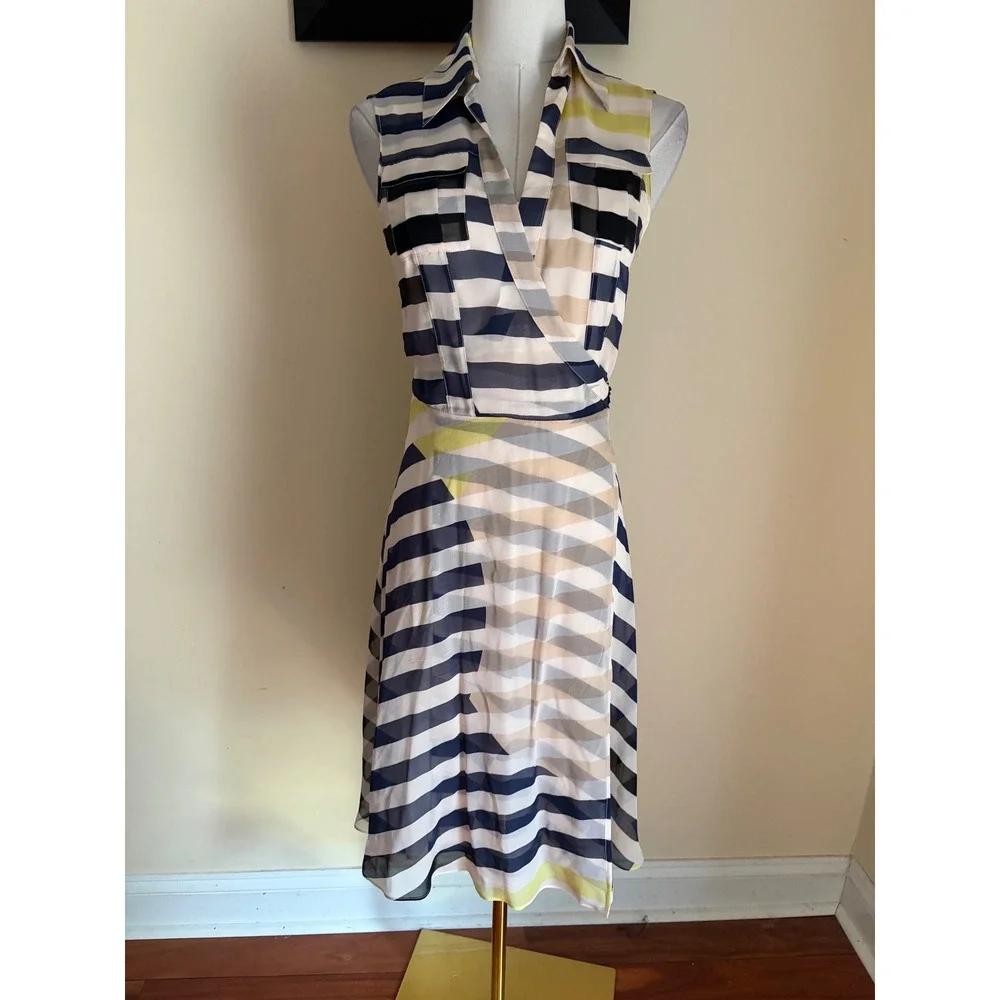 Diane von Furstenberg DVF Silk Striped Wrap Dress Navy Pink Sleeveless Size 2